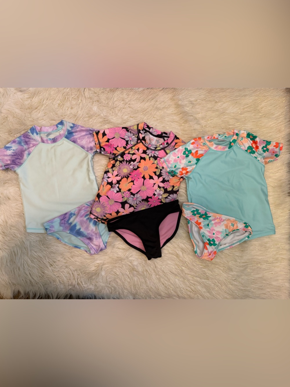 wonder nation Girls 3-Pack Swim Sets - Aqua, Purple Tie-Dye & Floral Pink/Black